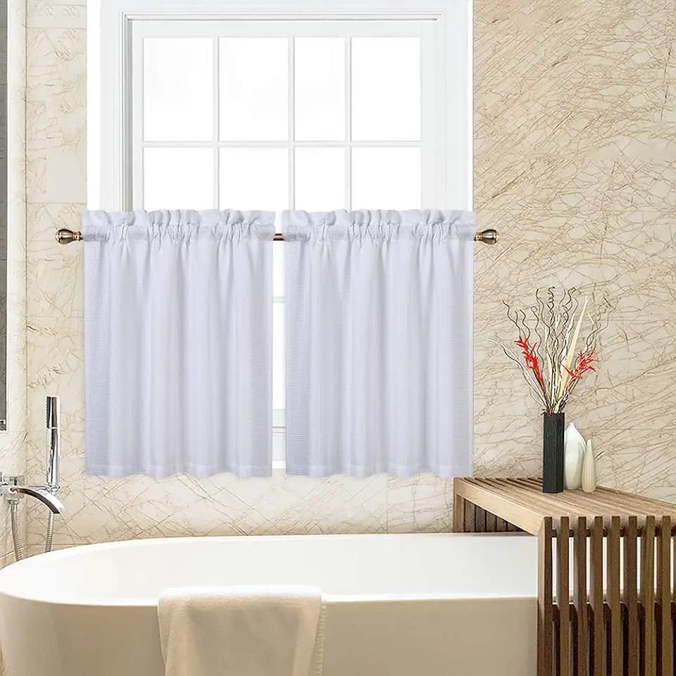 CAROMIO Cafe Curtains 30 Inch Length, Waffle Woven Textured Small Tier Curtains for Kitchen Bathroom Window Curtainss Short, White