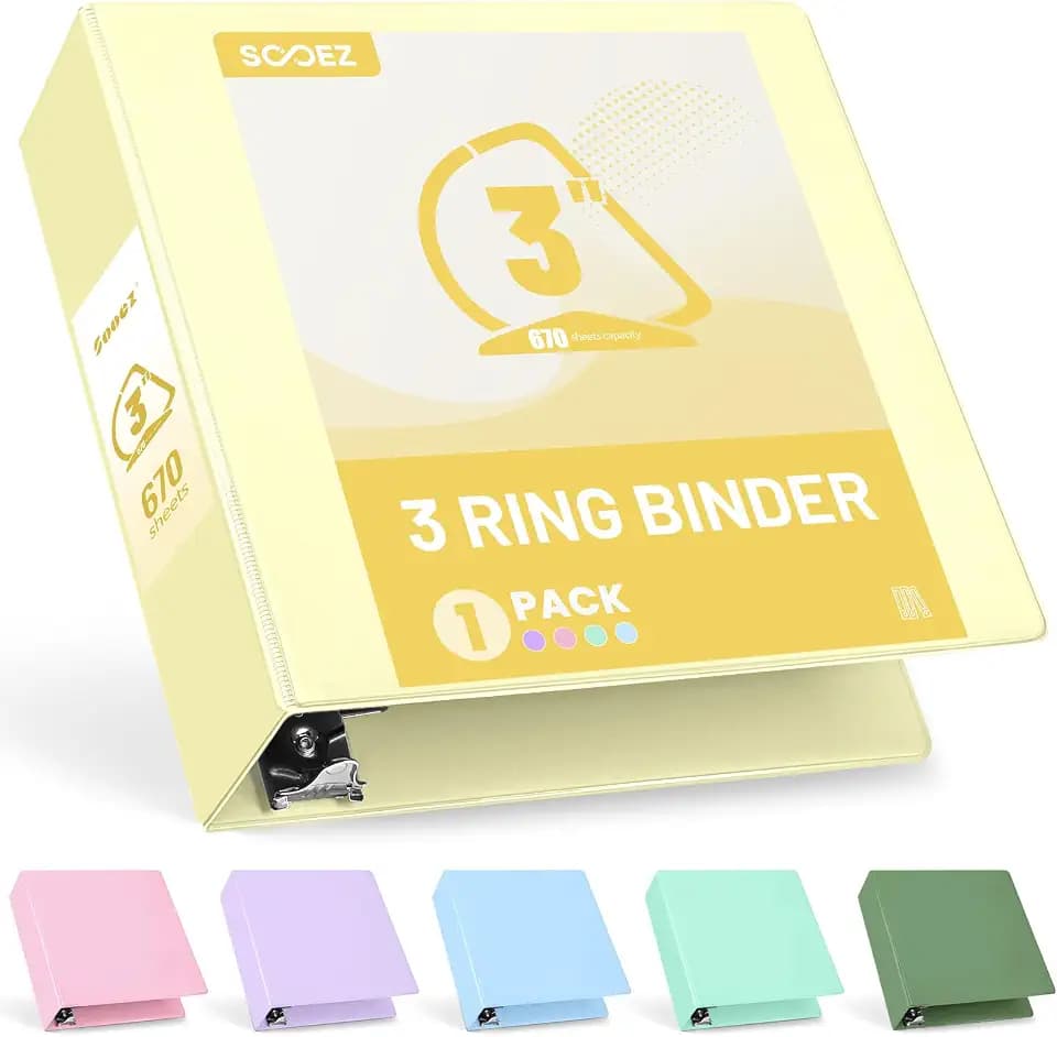 Sooez 3 Ring Binder 3 Inch, Large Binder with Pockets, Yellow, Letter Size