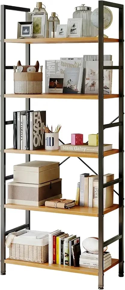 Sweetcrispy Book Shelf, 5 Tier Bookcase, Modern Tall Bookshelf for Garage Kit, CDs, Movies, Industrial Corner Storage Organizer for Bedroom Home Office Kitchen Living Room, Wood