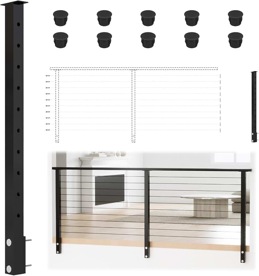 Muzata 36in Black Modular Cable Railing Post Side Mount Level Drilled RW42