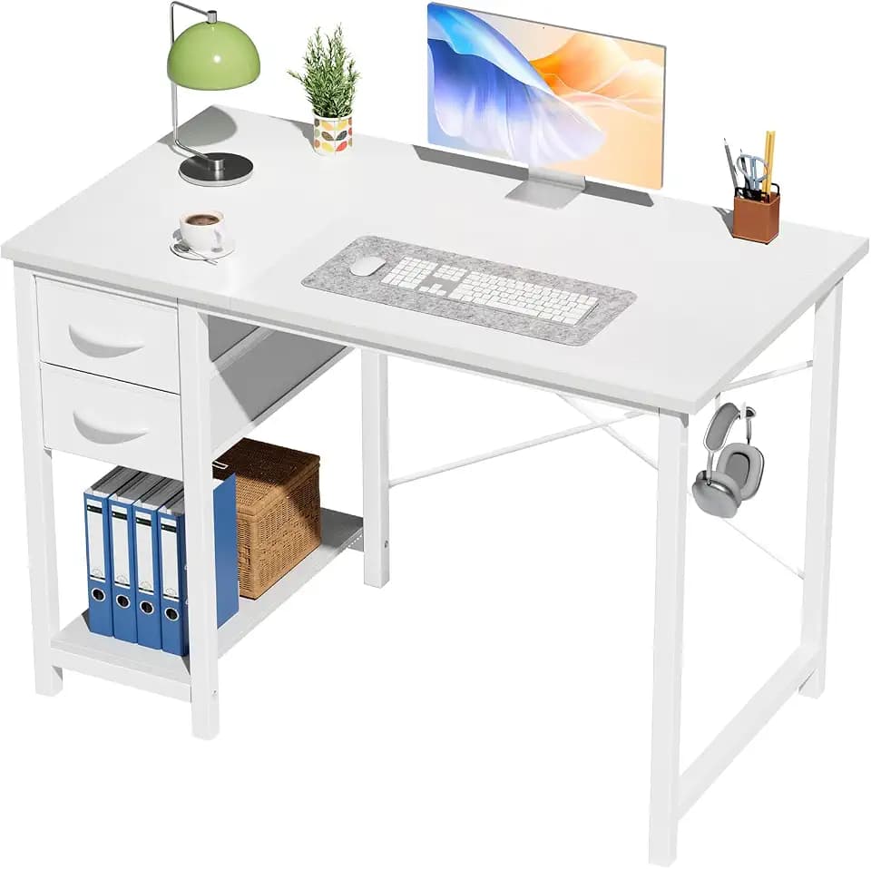 DUMOS 40 Inch Small Computer Desk with Drawers and Side Hook, White