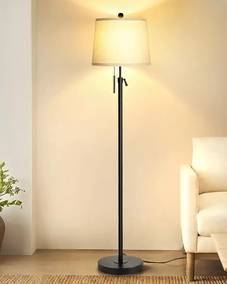 JUNNAI Floor Lamps for Living Room, Black Floor Lamp Adjustable Height Standing Lamp, Dimmable Modern Tall Floor Lamp for Bedroom Office with Beige Linen Shade, 8W 3000K Bulb Included