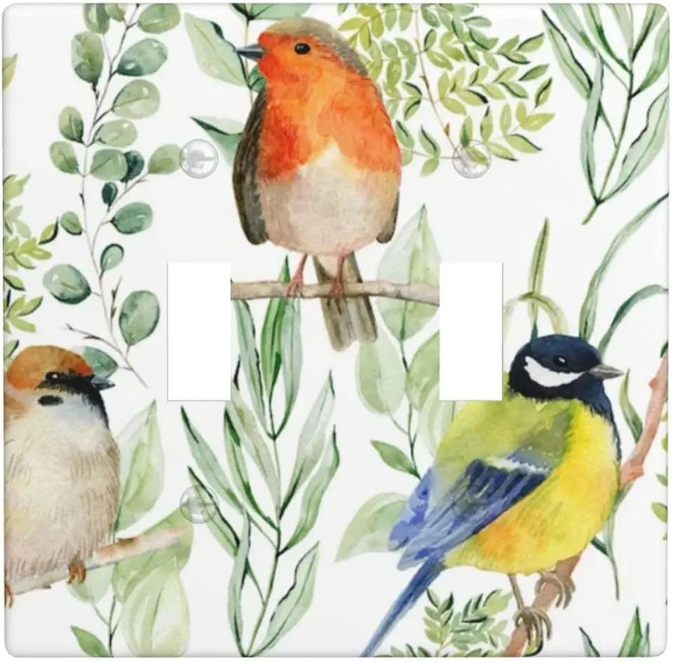 Bird Floral Flower Double Toggle Light Switch Plates And Outlet Covers 2 Gang Decorative Electrical Wall Plate Receptacle Switchplate Decorate Plug Cover For Bathroom Bedroom Kitchen 4.5 * 4.5 Inch