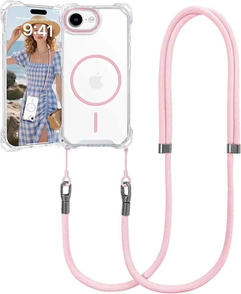 for iPhone 16e/ 17e Case with Crossbody Lanyard, Compatible with MagSafe, Clear Magnetic Phone Case with Strap Adjustable, Shockproof Drop Protection, for iPhone 16e/ 17e 6.1''