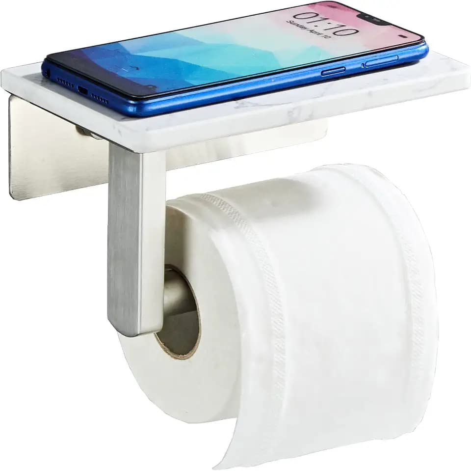 Brushed Nickel Toilet Paper Holder with Marble-Look Shelf, Wall Mounted SUS304 Stainless Steel Toilet Roll Holder with Phone Storage