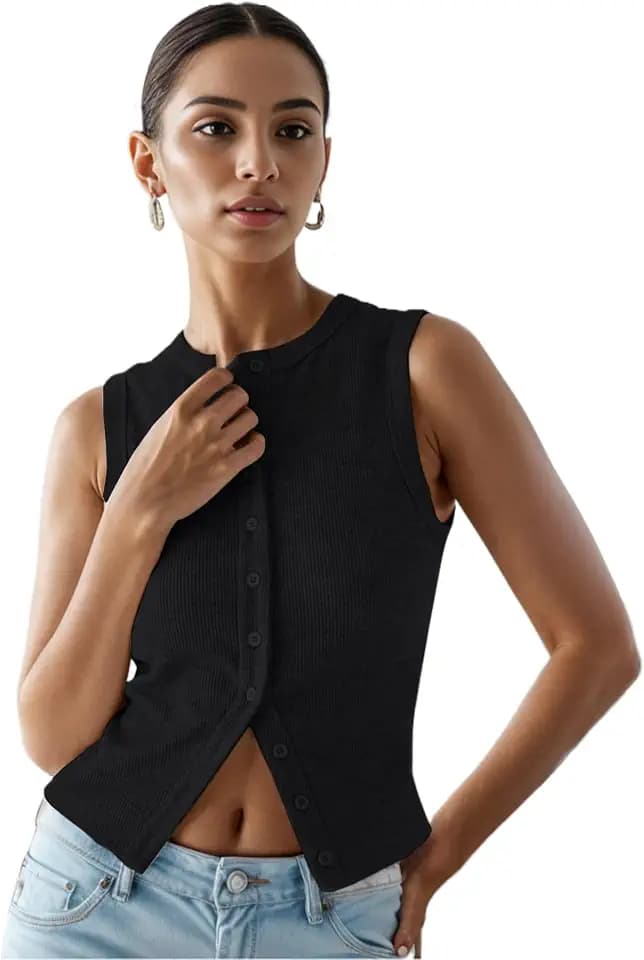 Womens Button Down Tank Tops Ribbed Summer Going Out Crop Vest
