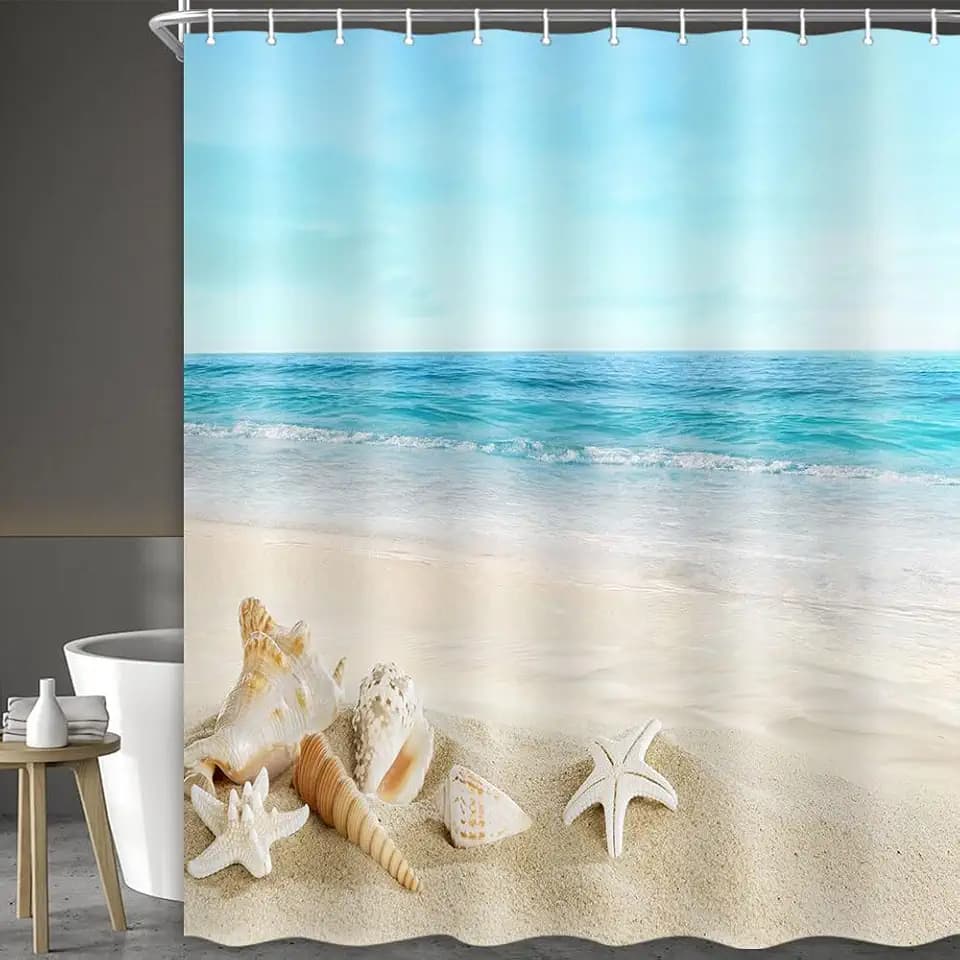 JAWO Beach Shower Curtain, Blue Shower Curtains for Bathroom, Tropical Ocean Waves Seashell Starfish Scene Long Shower Curtain Bathroom Decor, 69x84 Inches