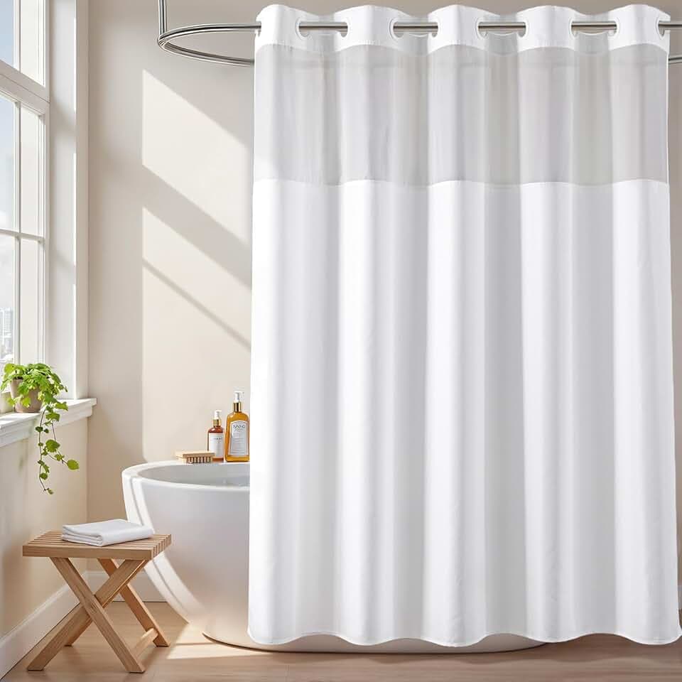 River Dream White No Hook Fabric Shower Curtain or Liner with Sheer Window