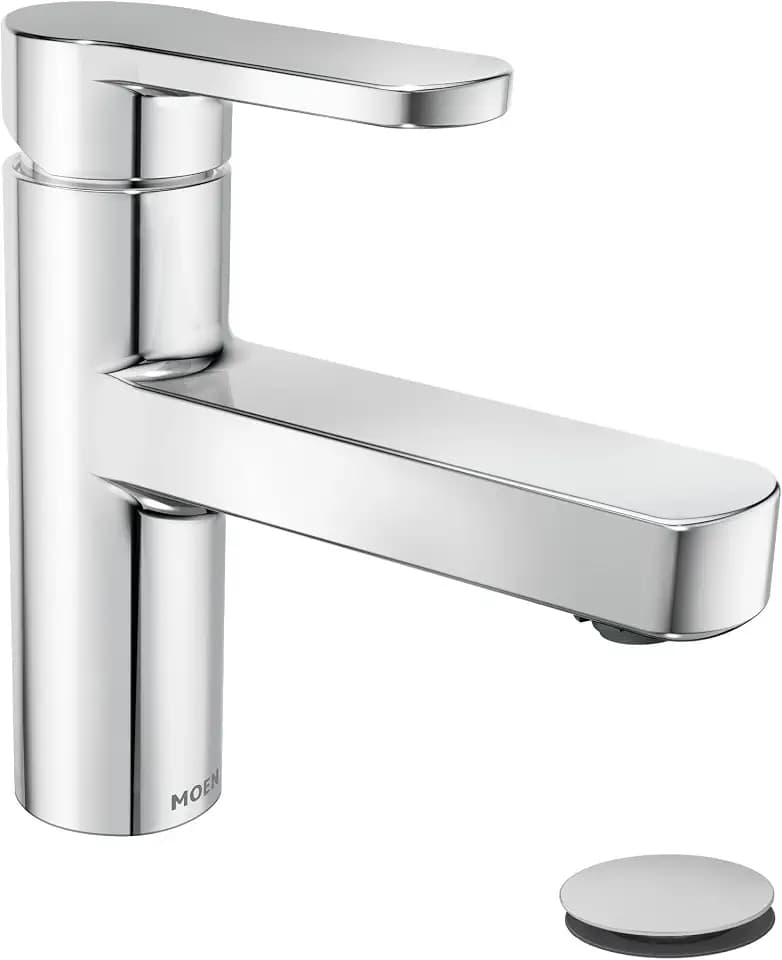 Moen Laris Chrome One-Handle Single Hole Modern Bathroom Sink Faucet with Optional Deckplate and Spring Loaded Drain Assembly, 84014