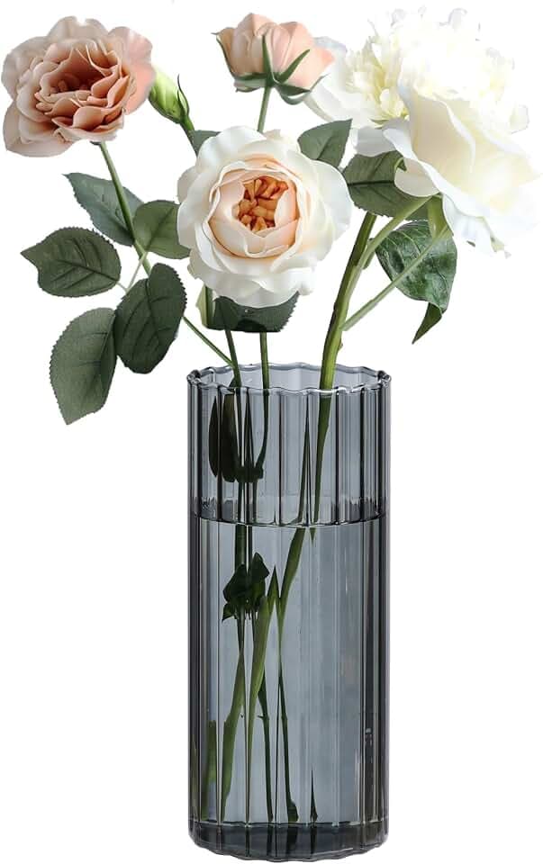 ComSaf Glass Cylinder Vase 8 Inch Tall, Grey Ribbed Decor for Centerpieces