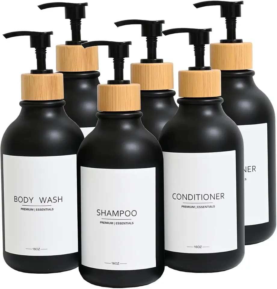 Shampoo and Conditioner Frosted Bottles Bamboo Pump, Refillable Shampoo Empty Bottles for Lotion Oil Shower Soap Dispenser (6p-Black)