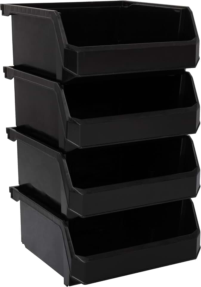 ReadySpace Medium-Wide Stackable Plastic Storage Bins, 4-Pack, Black