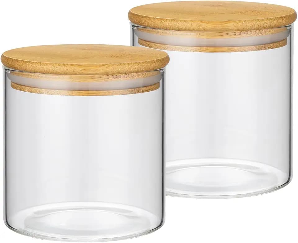 2PCS Small Glass Storage Jars with Airtight Lids,18 fl oz (550ml) Cute Clear Storage container with bamboo Lid,Glass Pantry Canister for Beans, Rice,Sugar,Cookie Coffee (N-Clear-2PCS-18FL OZ/550ML)