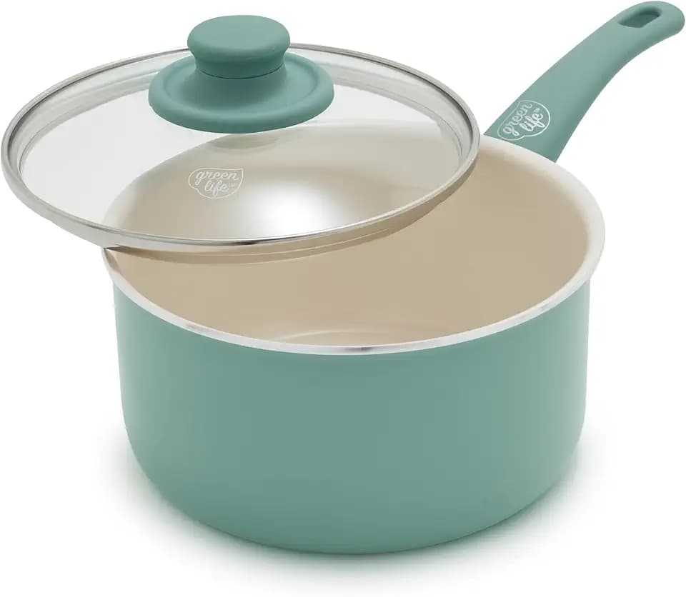 GreenLife 2.5QT Ceramic Nonstick Saucepan with Glass Lid, Turquoise