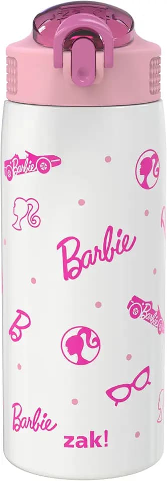Zak Designs Barbie Porter Water Bottle for Travel and At Home, 19 oz Vacuum Insulated Stainless Steel with Locking Spout Cover, Built-In Carrying Loop, Leak-Proof Design (Barbie)
