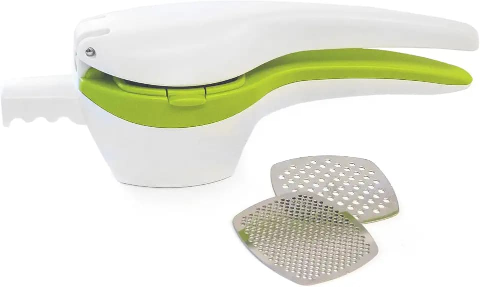 RSVP International (SPUD) Potato Ricer, White/Green | Mash Potatoes, Fruits, Vegetables & More | Includes Medium & Coarse Plates | Pot Resting Extension | Dishwasher Safe