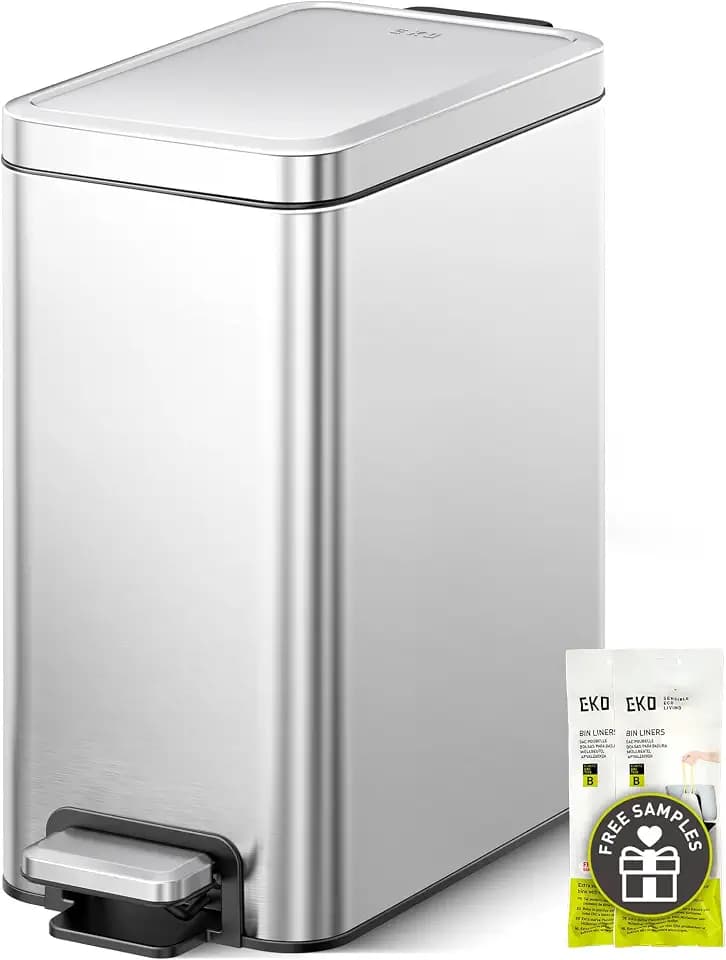 EKO Small Bathroom Trash Can with Lid Soft Close, Step Pedal, 10 Liter / 2.6 Gallon Stainless Steel Garbage Can with Removable Inner Bucket, Anti-Fingerprint Finish (Silver)