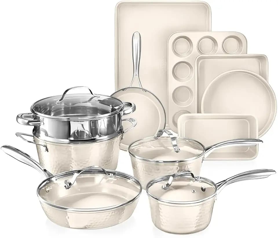 Gotham Steel Hammered 15Pcs Ceramic Cookware Set Nonstick, Induction Pots and Pans Set Non Stick with Bakeware Set & Steamer for Cooking, Non Toxic PFOA PFOS Free, Oven & Dishwasher Safe, Cream White