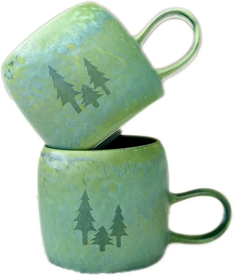 Medium Ceramic Coffee Mug Set of 2, 12 Oz, Stoneware Tea Cup for Office and Home, Dishwasher and Microwave Safe (Forest Green with Three Laser-engraved trees, 2) (Art Deco)