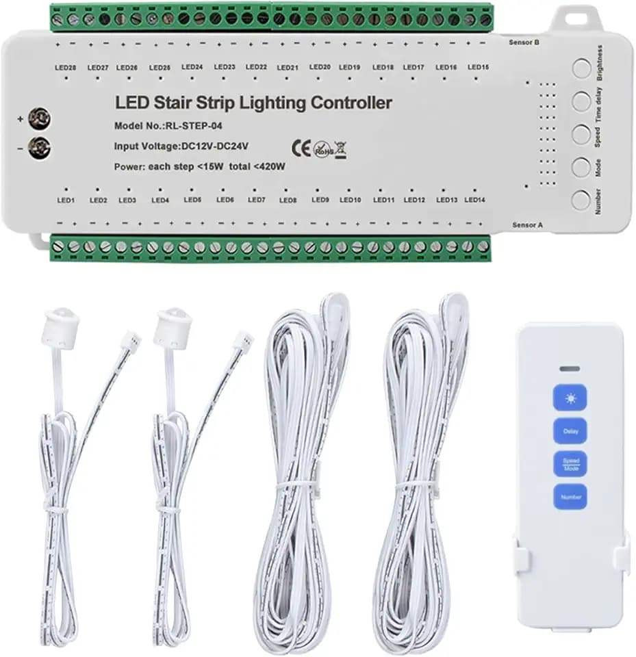 28 Channel 9 Modes Stair Lights Motion Sensor LED Controller Automatic Stairway Ladder Motion Sensor Controller Light Step Lights System Speed Brightness Adjustable (28 Channel with Control)