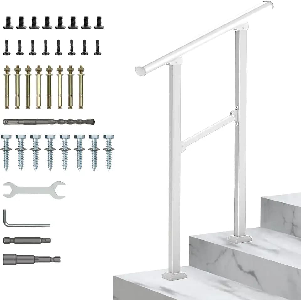 Fasarxiu Handrails for Outdoor Steps,White Handrail Fits 1 or 2 Steps,Handrail Kit for Seniors for Concrete Steps Outside Metal Stair Railing Porch
