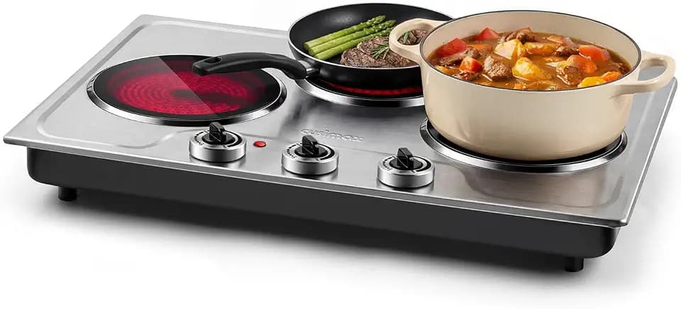 CUSIMAX Hot Plate,1800W Triple Infrared Burner, Independent Temperature Control,Electric Stove Can Simultaneously Cook Three Dishes,Compatible for All Cookware,Stainless Steel for Easy Cleaning