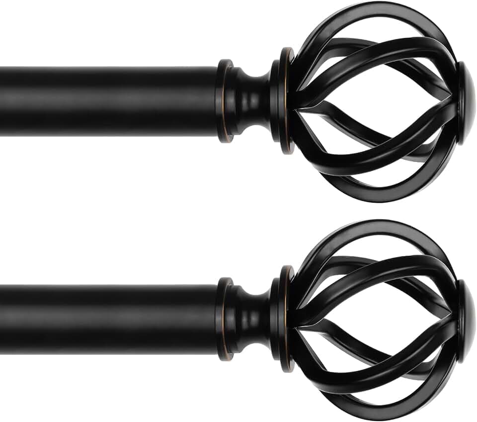 2 Pack Curtain Rod 32 to 58 Inches (2.6 to 4.8 ft), USFOOK 7/8 Inch Heavy Duty Curtain Rods for Windows, Telescoping Splicing Black Drapery Rods with Twisted Cage Finials