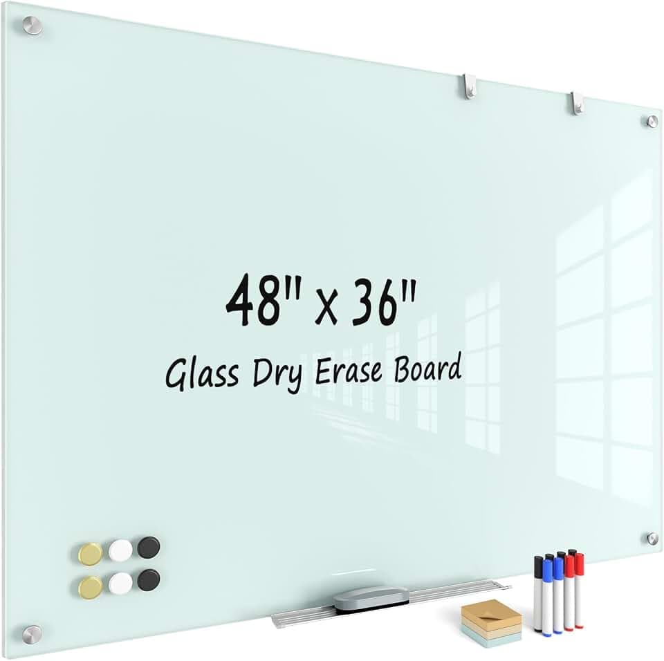 Large Glass Whiteboard, Enhanced Magnetism Glass Dry Erase Board for Wall, 48" x 36" Magnetic Tempered Glass Board, 4' x 3' Big White Board for Home, Office