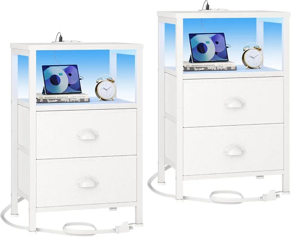 Furologee White Nightstand Set of 2 with LED Lights, Charging Station
