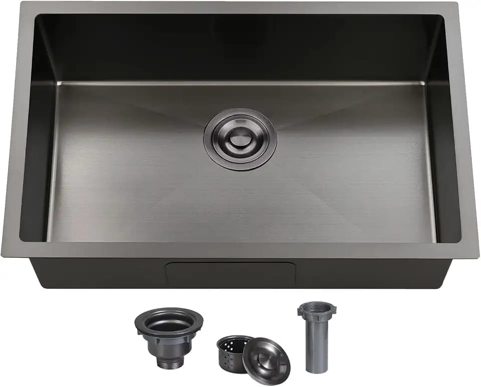 28 Inch Undermount Kitchen Sink Black, 28x18 Gunmetal Black 16 Gauge Stainless Steel Single Bowl Under Mount Commercial Kitchen Sinks 9 Inch Deep Includes Drain