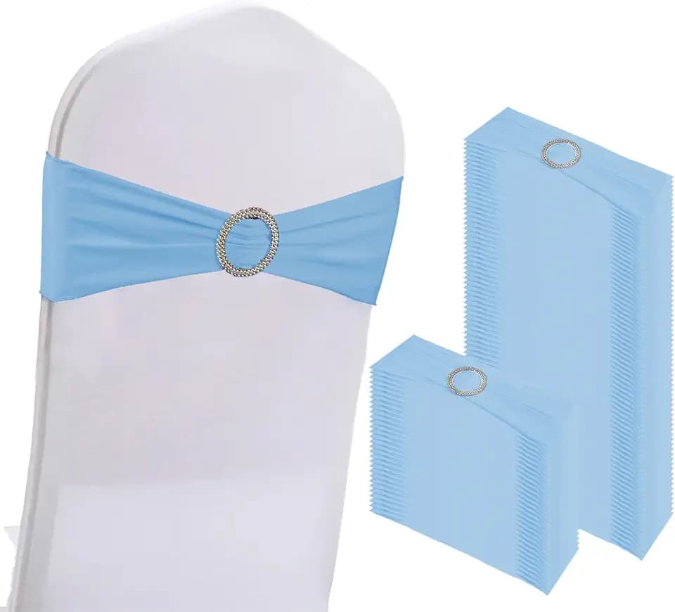 WJWHQ 100PCS Spandex Stretch Chair Sashes Bows Elastic Chair Cover Bands Ties with Buckle Slider for Wedding Party Reception Events Universal Ceremony Banquet Decorations(Baby Blue)