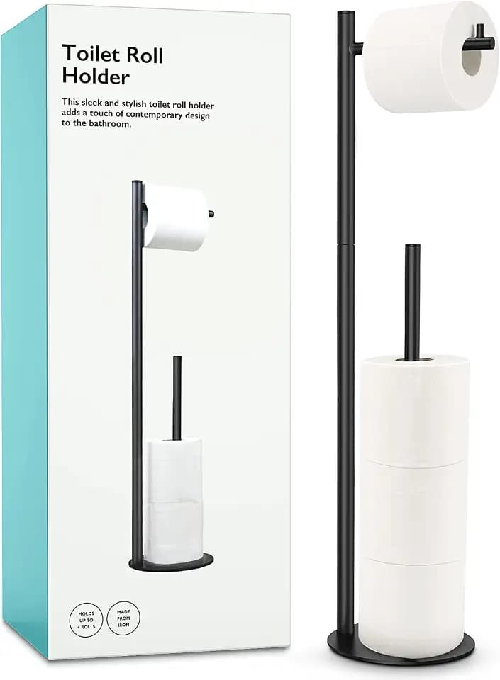 Toilet Paper Holder Stand, Bathroom Free Standing with Storage, Black