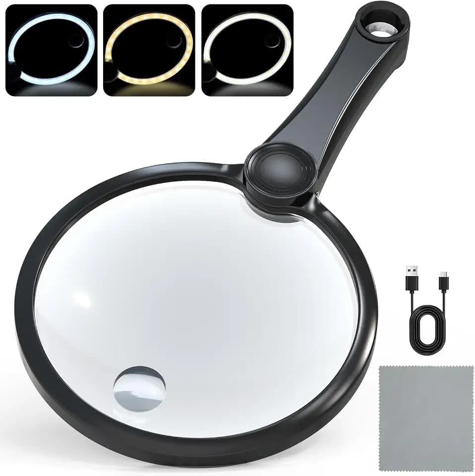 IMICHI Large 5.12" Handheld Magnifying Glass 10X/20X Lens with Eye-Care Anti-Flicker LEDs – 3 Adjustable Light Modes, Rechargeable – Perfect for Seniors, Low Vision, Reading, Crafts, Jewelry Repair