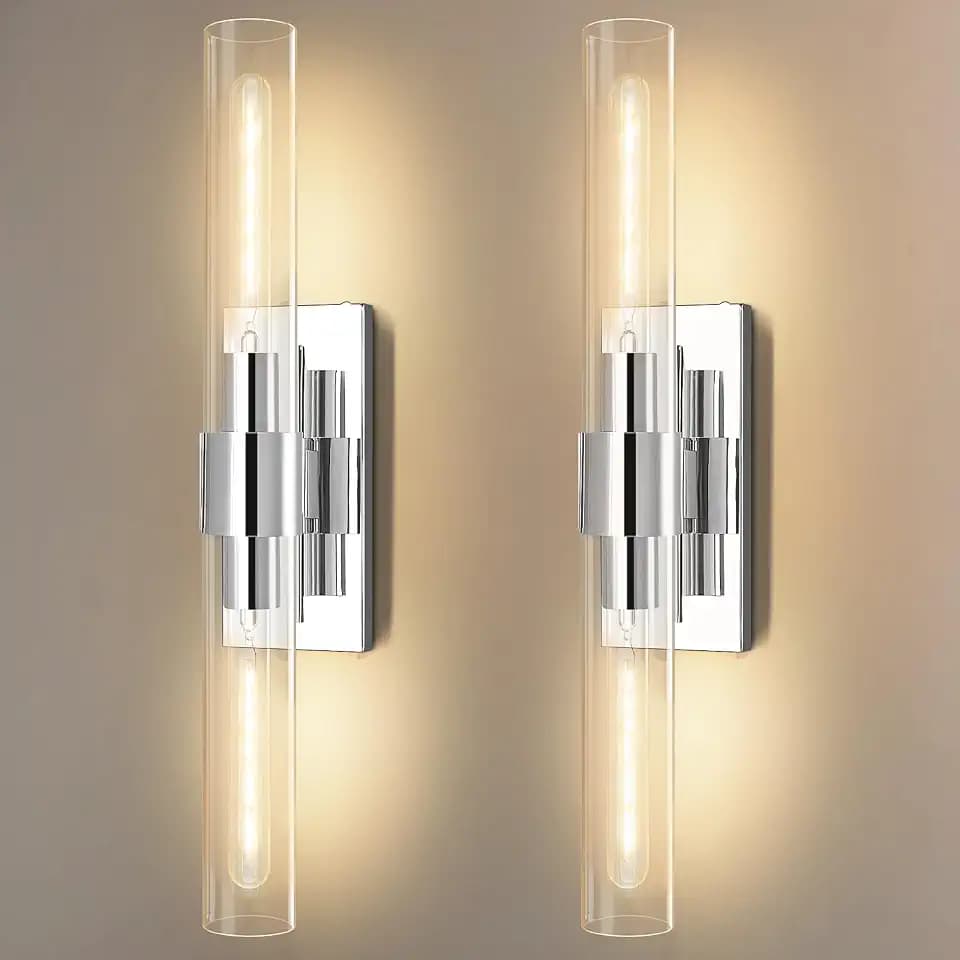 Brass Bathroom Vanity Wall Sconces, 2-Light Glass Tube Wall Sconces, 22.8” Horizontal or Vertical Linear Wall Sconces, Gold Vanity Light, Indoor Wall Sconces, E26 Bulb Included