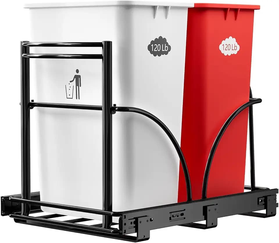 Dual Under Sink Trash Can Heavy Duty Pull Out Trash Can Under Cabinet, Fits 2x35Qt (7-9 Gal) Commercial Trash Cans Cabinet Trash Bin Pull Out Kit Requires ≥ 22''Dx 16''Wx 17''H, No Can (Black)