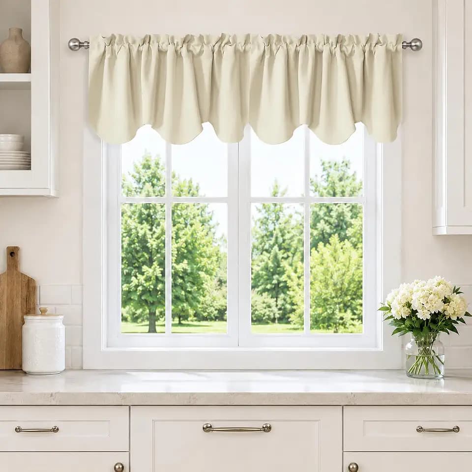 Aquazolax Blackout Valances for Living Room, 2 Pack of Thermal Insulated Rod Pocket Scalloped Design Window Curtains Valance, 52 x 18 Inches, 2 Panels in Beige