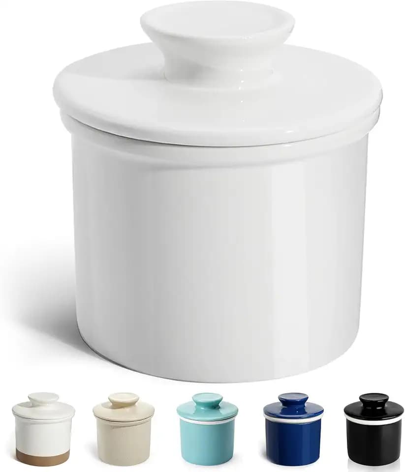 Sweese French Butter Dish - Butter Crock for Counter with Water Line for Fresh Spreadable Butter - French Butter Keeper with Lid - Housewarming Gift For The One Who Has It All - White