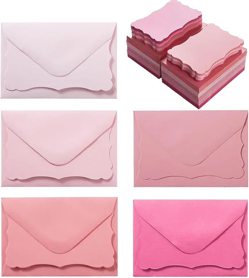 100 Pack Mini Envelopes with Note Cards, 5 Colors, Pink, 4 x 2.7 Inches