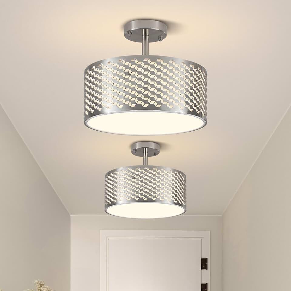 Semi Flush Mount Ceiling Light, Modern 3 Bulb Hallway Ceiling Light Fixture with Metal Mesh Cage, 13 Inch Brushed Nickel Ceiling Light for Hallway, Porch, Foyer (1 Pack)