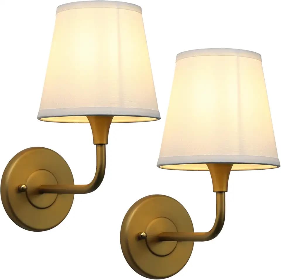Phansthy Hardwired Brass Boho Wall Sconces Set of 2, Vintage Industrial Wall Lamps, Vanity Sconces Wall Lighting with Natural Fabric Shade for Bathroom Bedroom Living Room (Antique + White Shade)