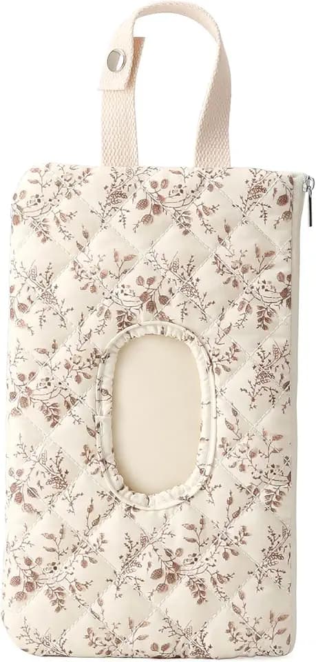 Quilted Baby Wipe Holder Floral Wipe Pouch Portable Hanging Wet Wipes Bag for Stroller, Travel