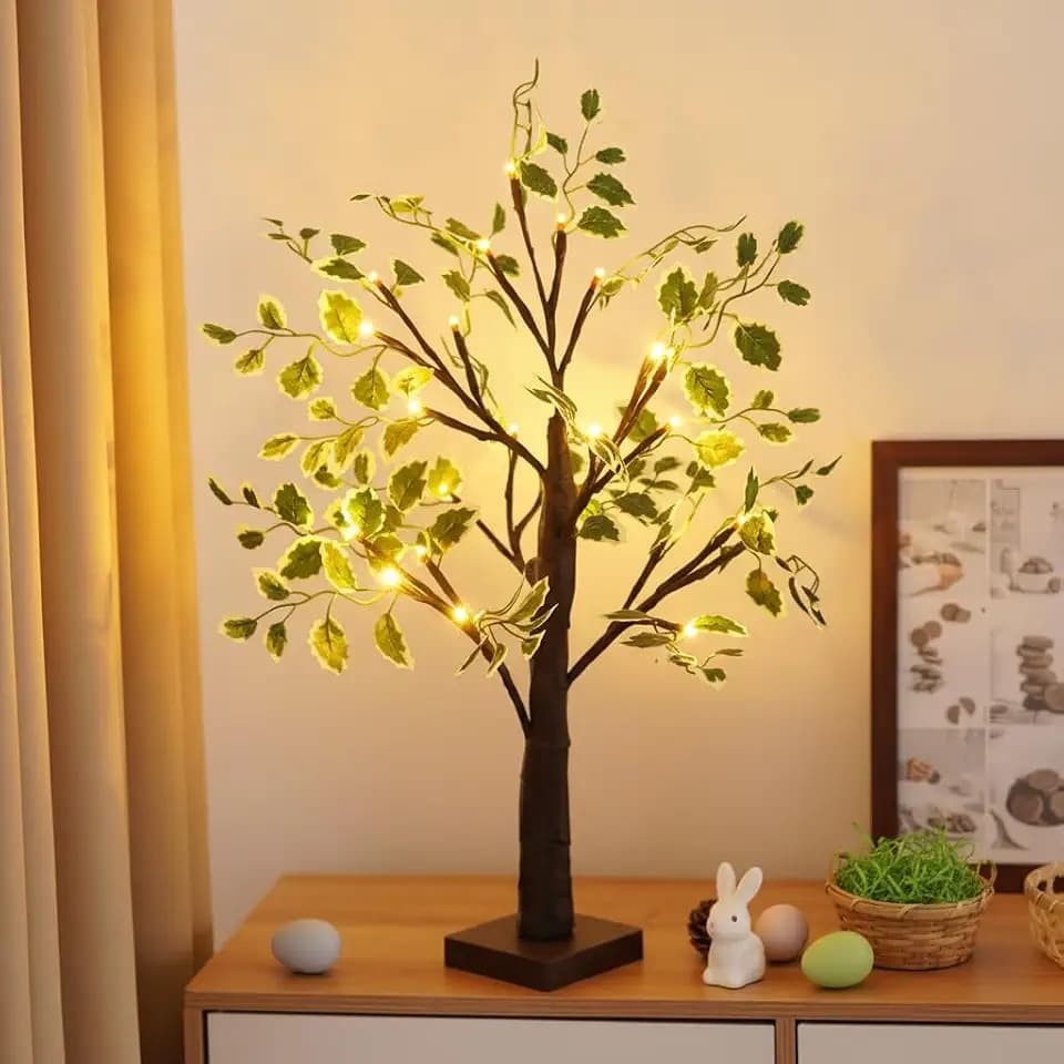 LED Lighted Birch Tree with Green Leaves, 2ft Brown Tabletop Decorative Tree with Fairy Lights, USB or Battery Powered, Indoor Christmas Easter Holiday Centerpiece Decor (Brown)
