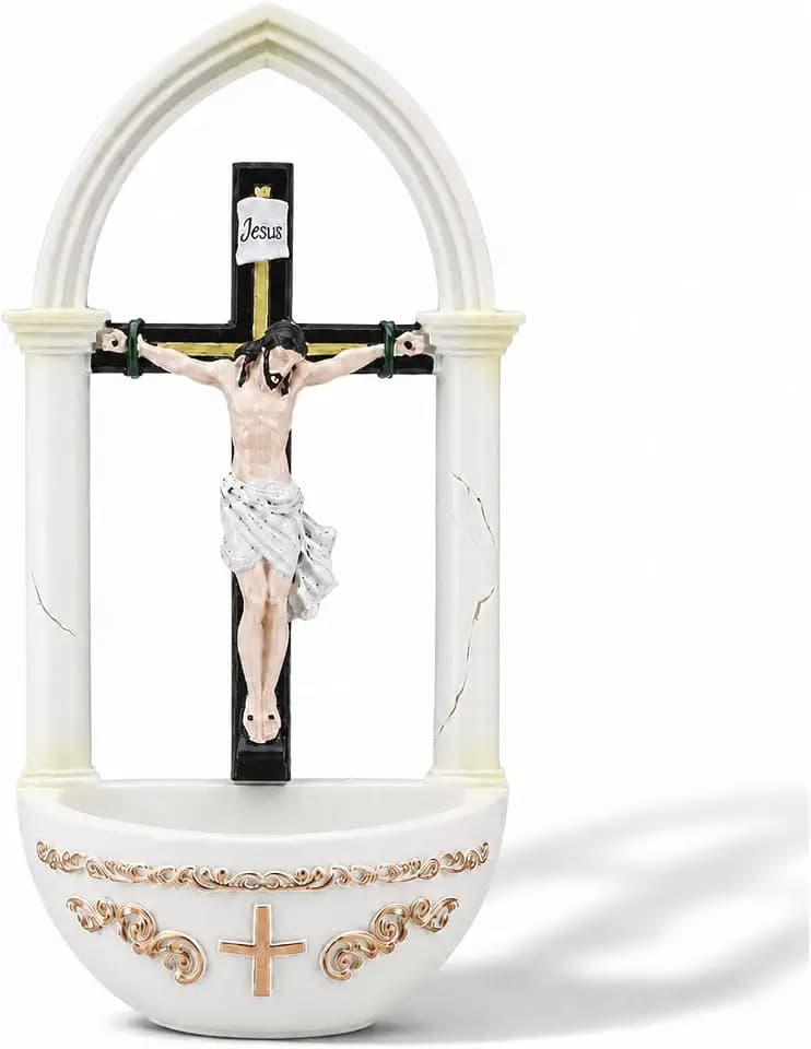 Anglechic Crucifix Jesus Holy Water Font Religious Catholic Holy Water Font for Home Jesus Christ Crucifixion Religious Sacrament Entrance Wall Mount Statue Baptismal Promise Reminder