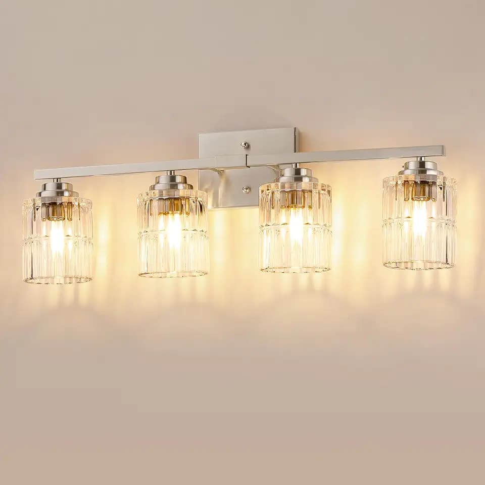 TALOYA Bathroom Light Fixtures,4-Light Brushed Nickel Vanity Lights for Bathroom with Ribbed Thickened Glass Shade, 19in Bathroom Vanity Lights Over Mirror for Bedroom, Living Room, Hallway