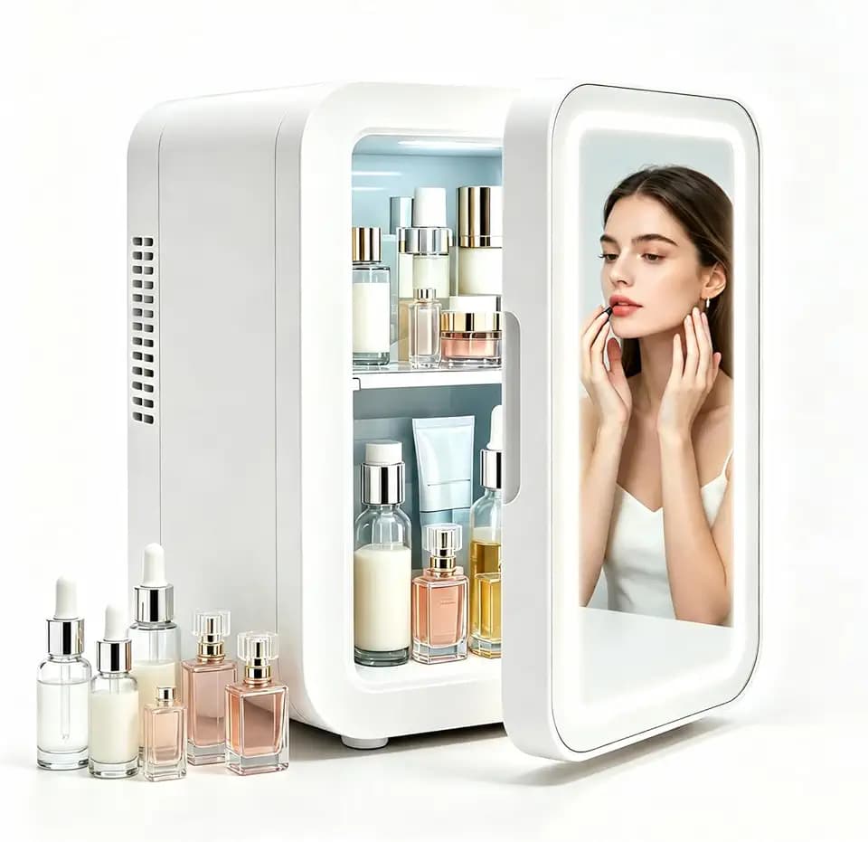 Lispin Mini Skincare Fridge, 4 Liter/6 Can Small Fridge with Dimmable LED Mirror, Cooler Makeup Fridge for Skin Care, Cosmetics, Food, Drinks, Personal Refrigerator for Bedroom, Office, Car