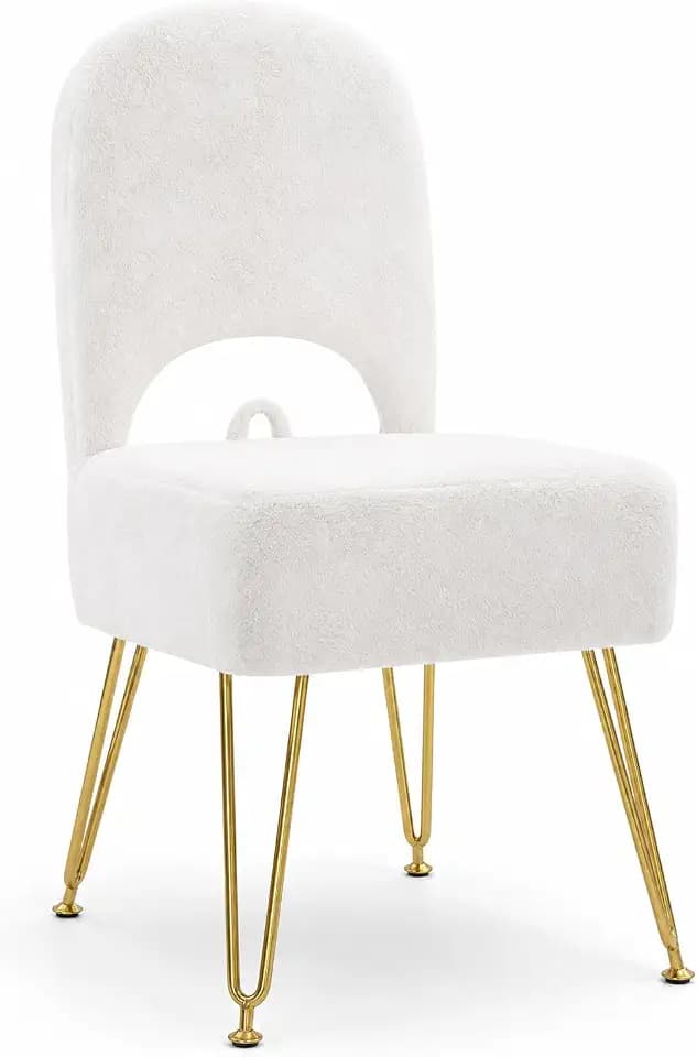 White Vanity Chair with Storage and Back for Teens - Faux Fur Makeup Vanity Stool, Foldable Ottoman Seat with Anti-Slip Metal Legs for Girls Bedroom, Dorm, Entryway, Living Room