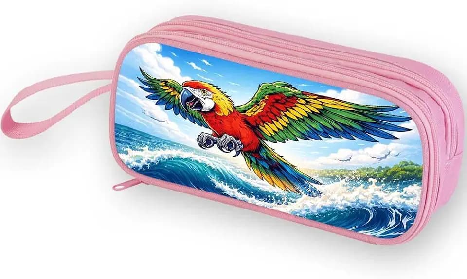 Parrot Pencil Case for Girls | Colorful Macaw Kids Pencil Pouch with Compartments | Pink Large Capacity Double Zipper School Supplies Organizer | Marker and Crayon Bag Box for Children