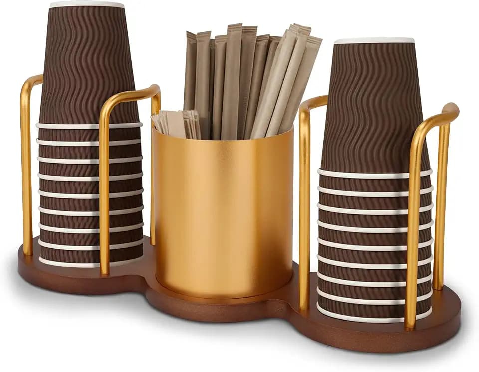 Walnut Coffee Bar Organizer - Dual Disposable Cup Dispenser for 3oz-9oz, 3-in-1 Paper Cup Holder & Storage Caddy for Office Breakroom, Kitchen Countertop & Bathroom (Gold)