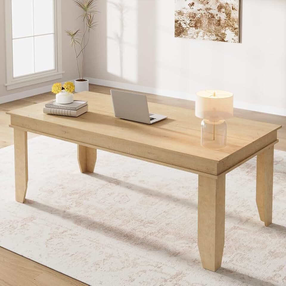 GarveeHome Farmhouse Dining Table for 6-8 People, 71 in Long Kitchen Tables with Wooden Sturdy Frame, 6 ft Large Rectangular Dinner Table for Dining Room, Kitchen, Yellow, 71" Non-extendable