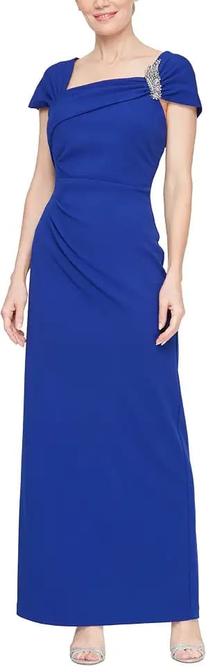 Alex Evenings Women's Long Crepe Mother of The Bride Dress with Ruched Asymmetric Neckline & Embellishment, Formal Events